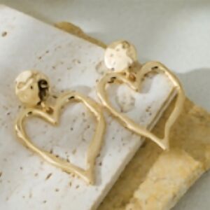 Large Gold Hammered Heart Drop Dangle Earrings NEW